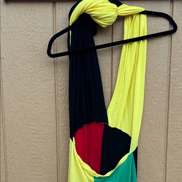 Black, Green, Yellow and Red, Backless, Deep V Maxi Dress. Large - Picture 10 of 16